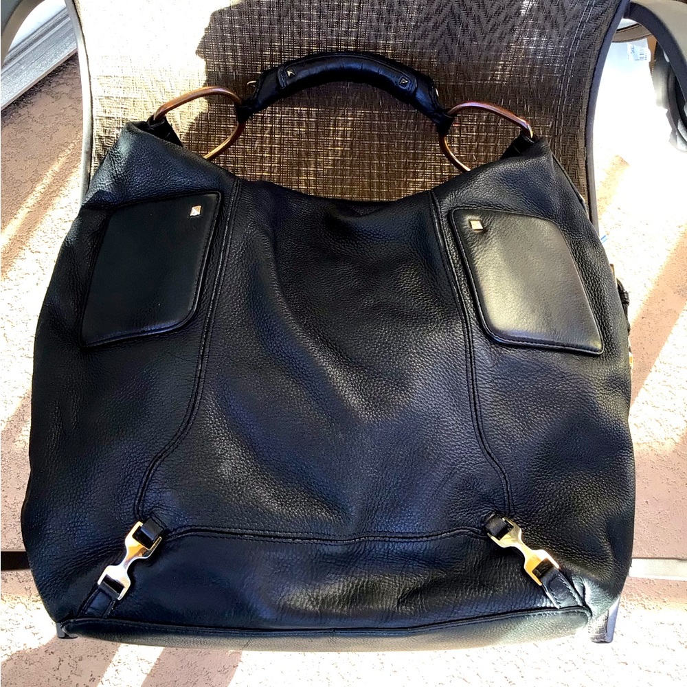 Ann Taylor Black Leather Studded Large Hobo Shoulder Bag